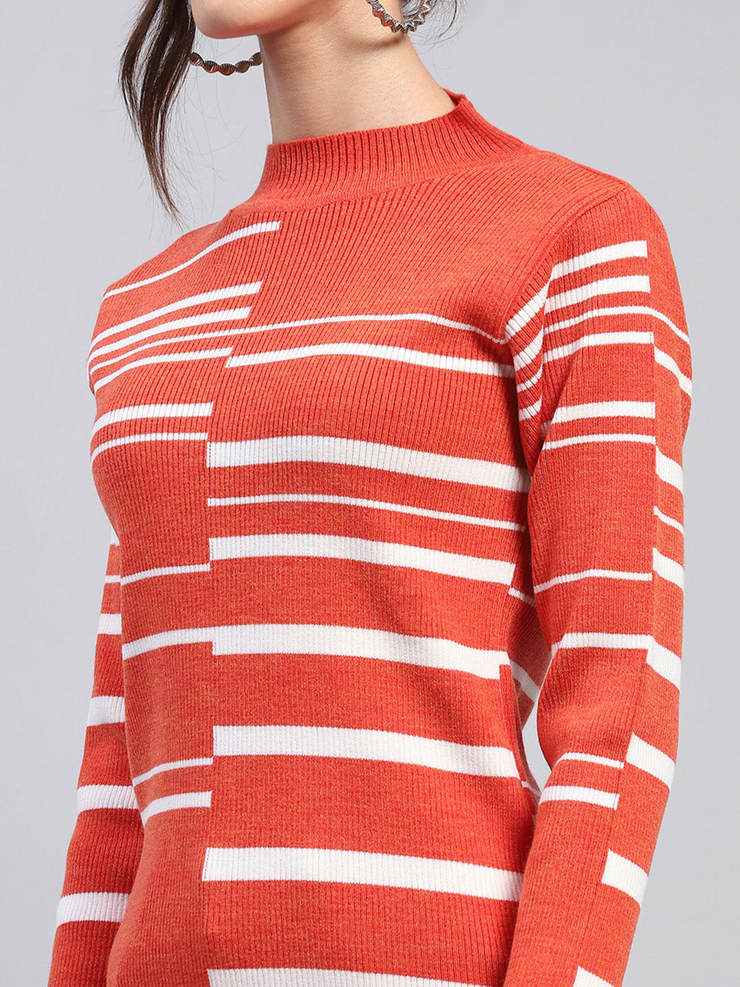 Women Orange Self Design Band Collar Full Sleeve Winter Tops