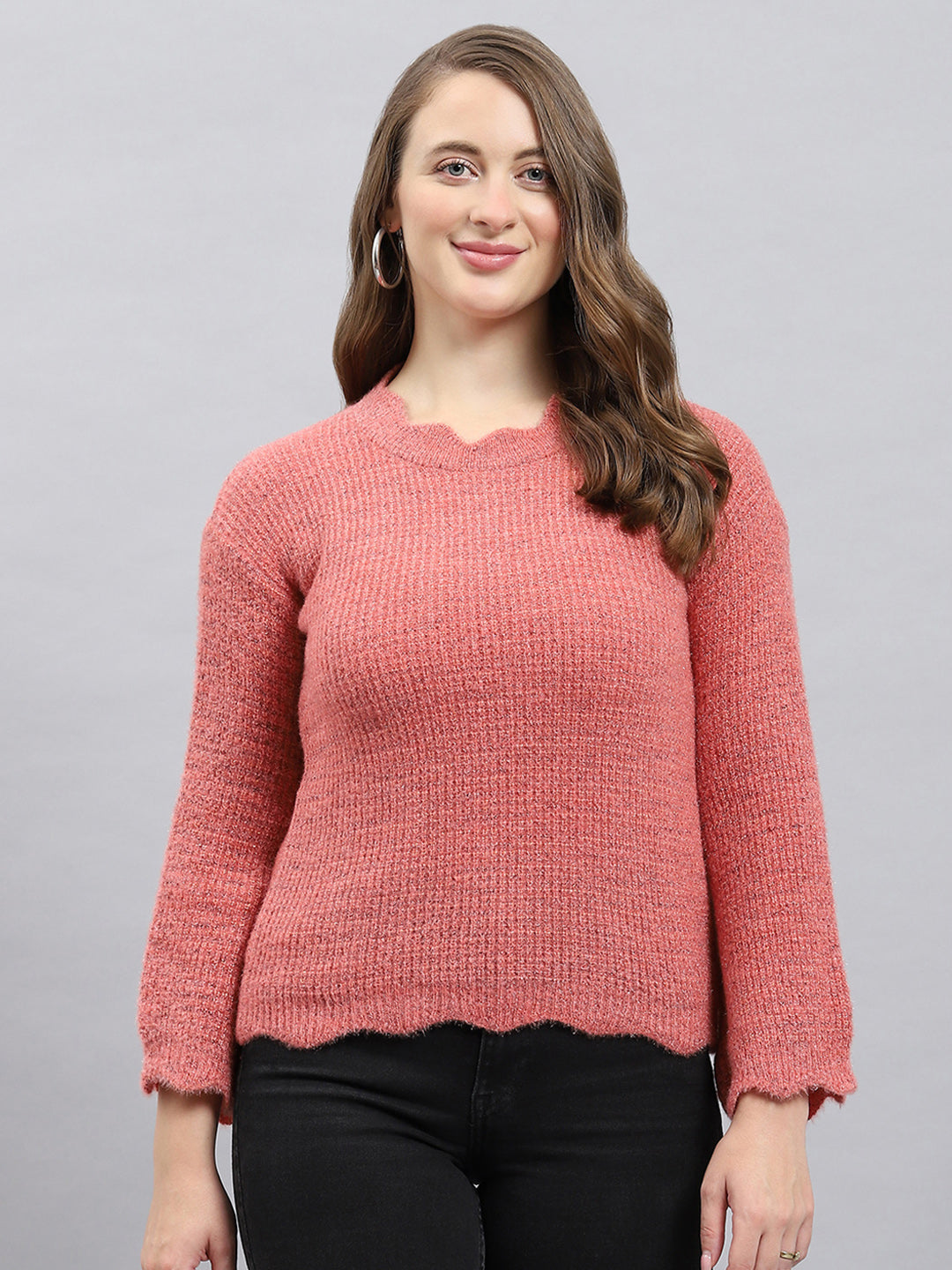 Women Pink Self Design Round Neck Full Sleeve Winter Tops