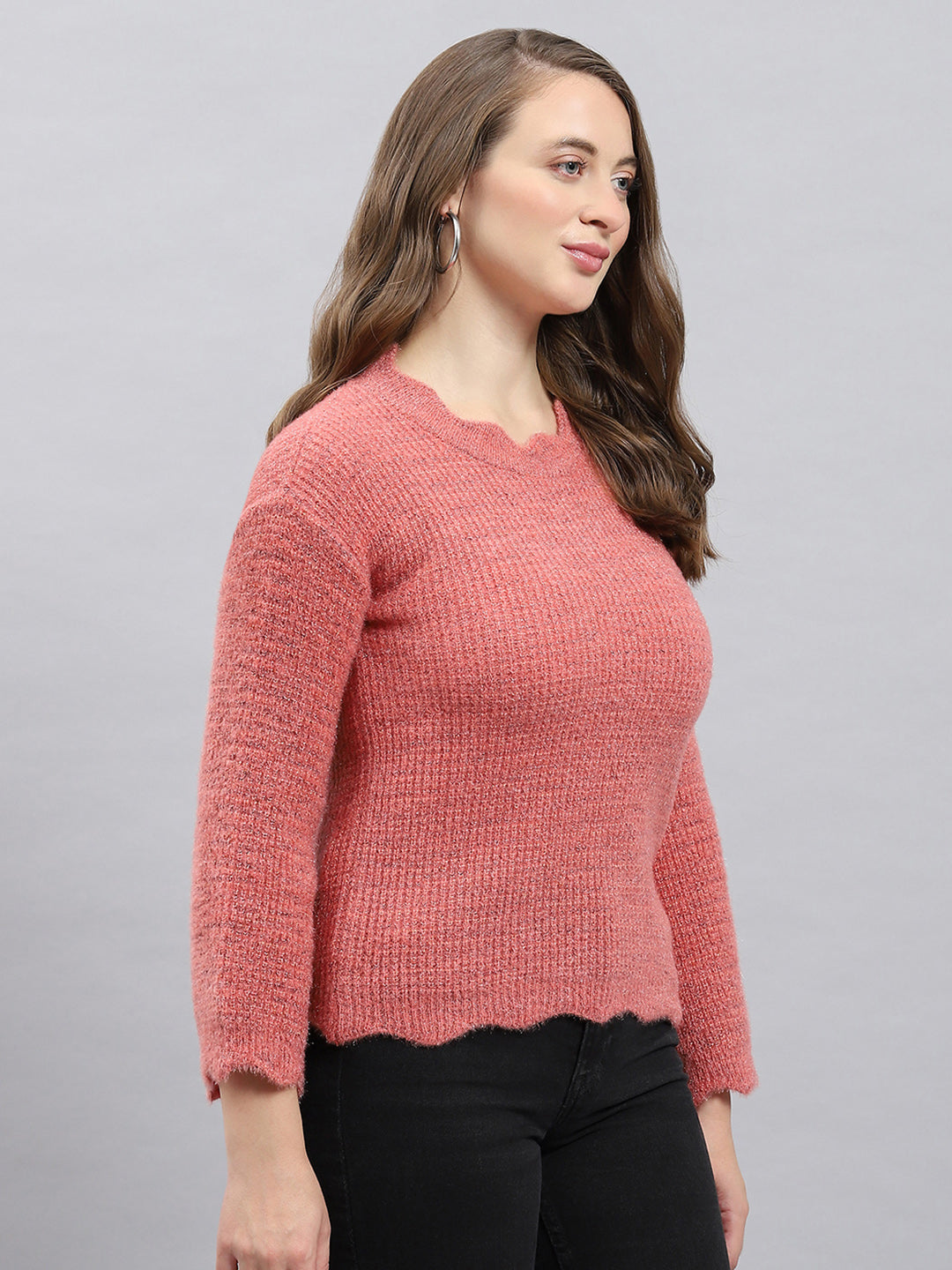 Women Pink Self Design Round Neck Full Sleeve Winter Tops