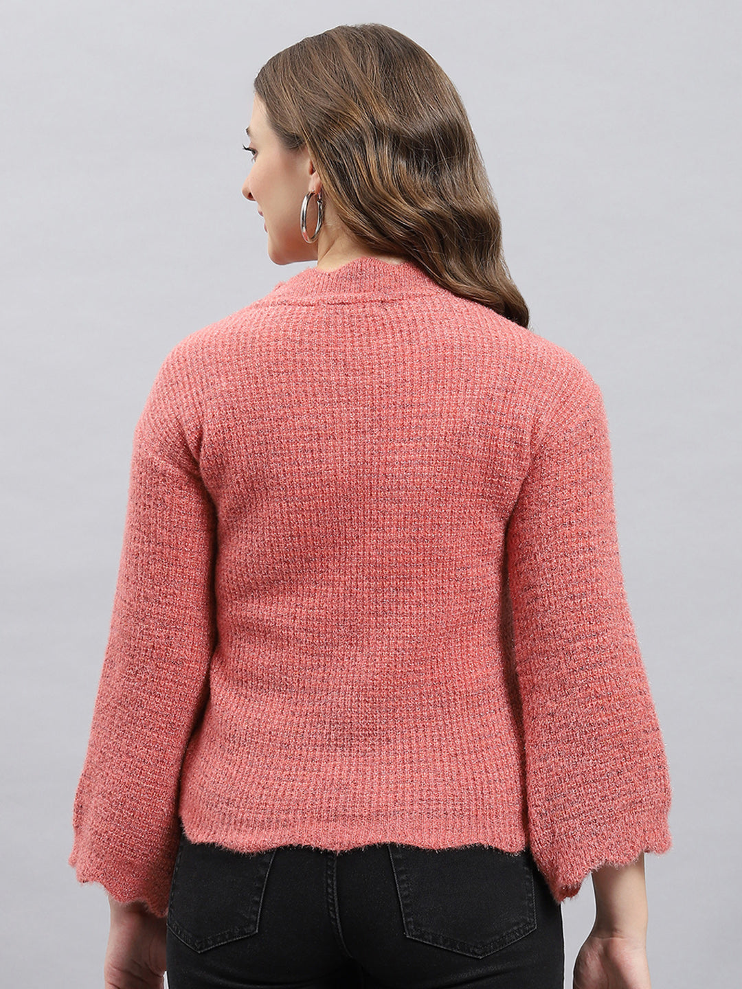 Women Pink Self Design Round Neck Full Sleeve Winter Tops