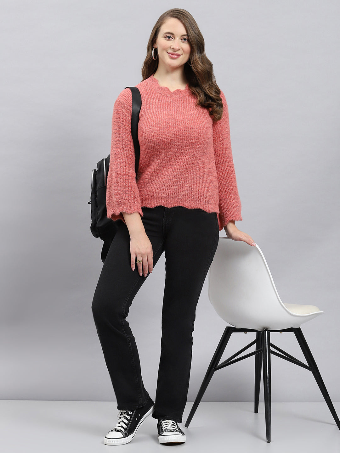 Women Pink Self Design Round Neck Full Sleeve Winter Tops