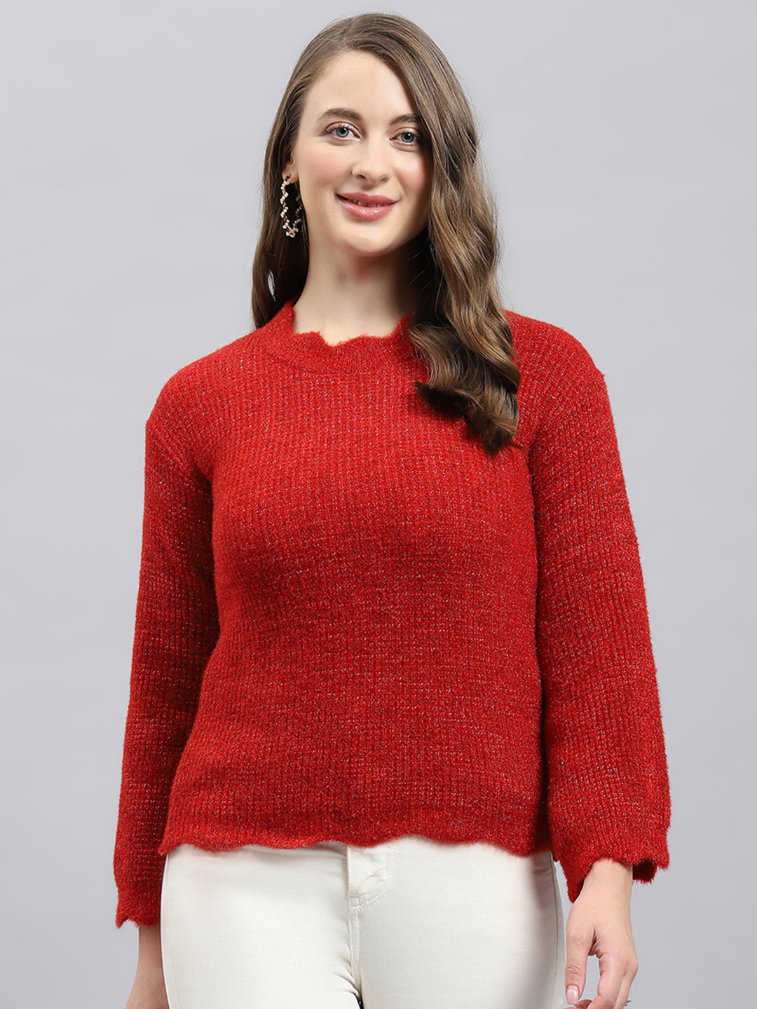 Women Red Self Design Round Neck Full Sleeve Winter Tops