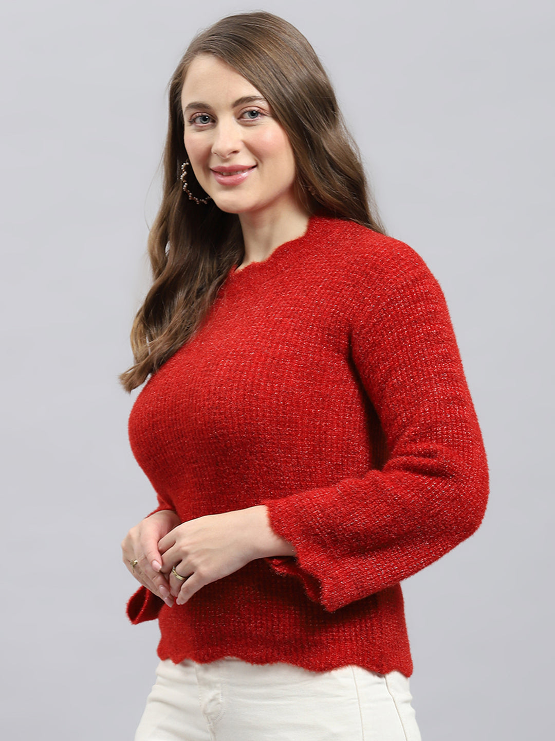 Women Red Self Design Round Neck Full Sleeve Winter Tops