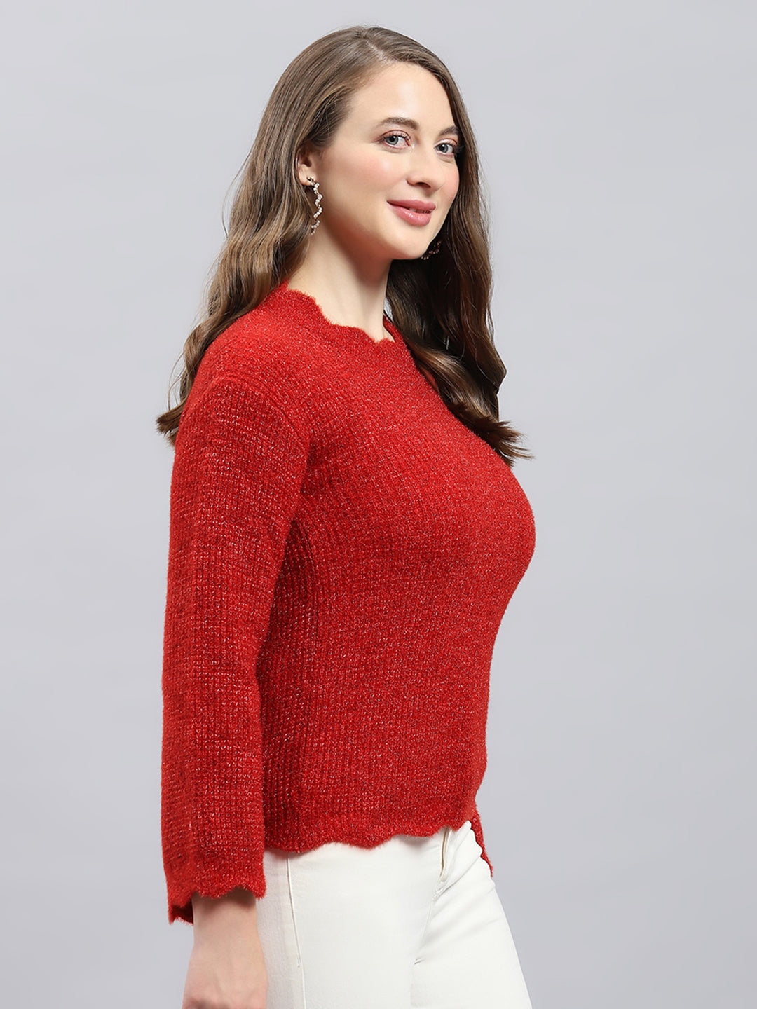 Women Red Self Design Round Neck Full Sleeve Winter Tops