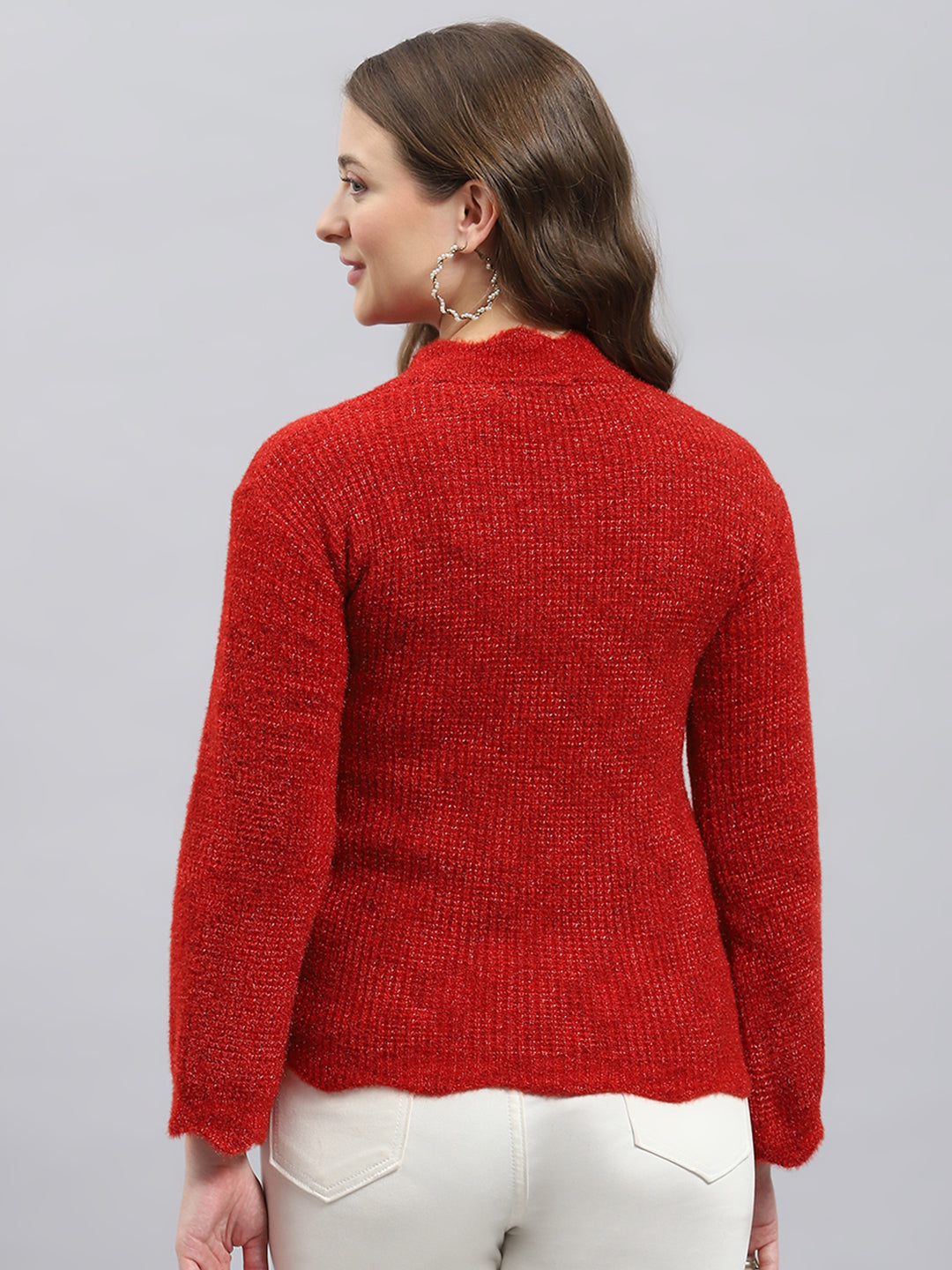 Women Red Self Design Round Neck Full Sleeve Winter Tops