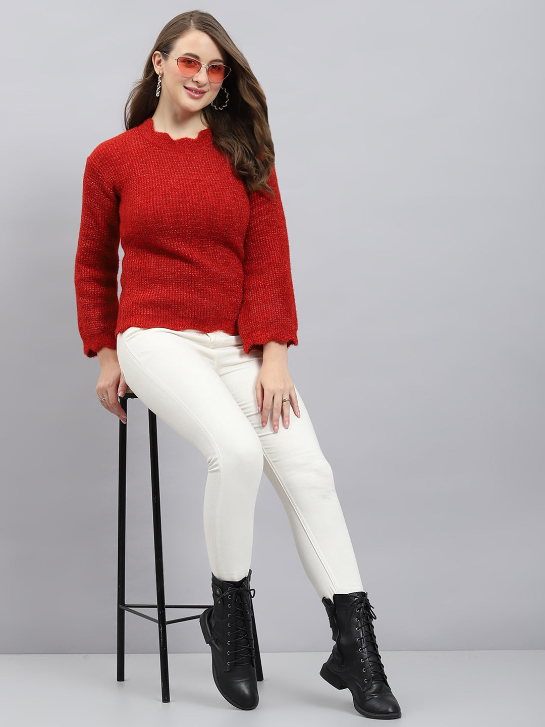 Women Red Self Design Round Neck Full Sleeve Winter Tops