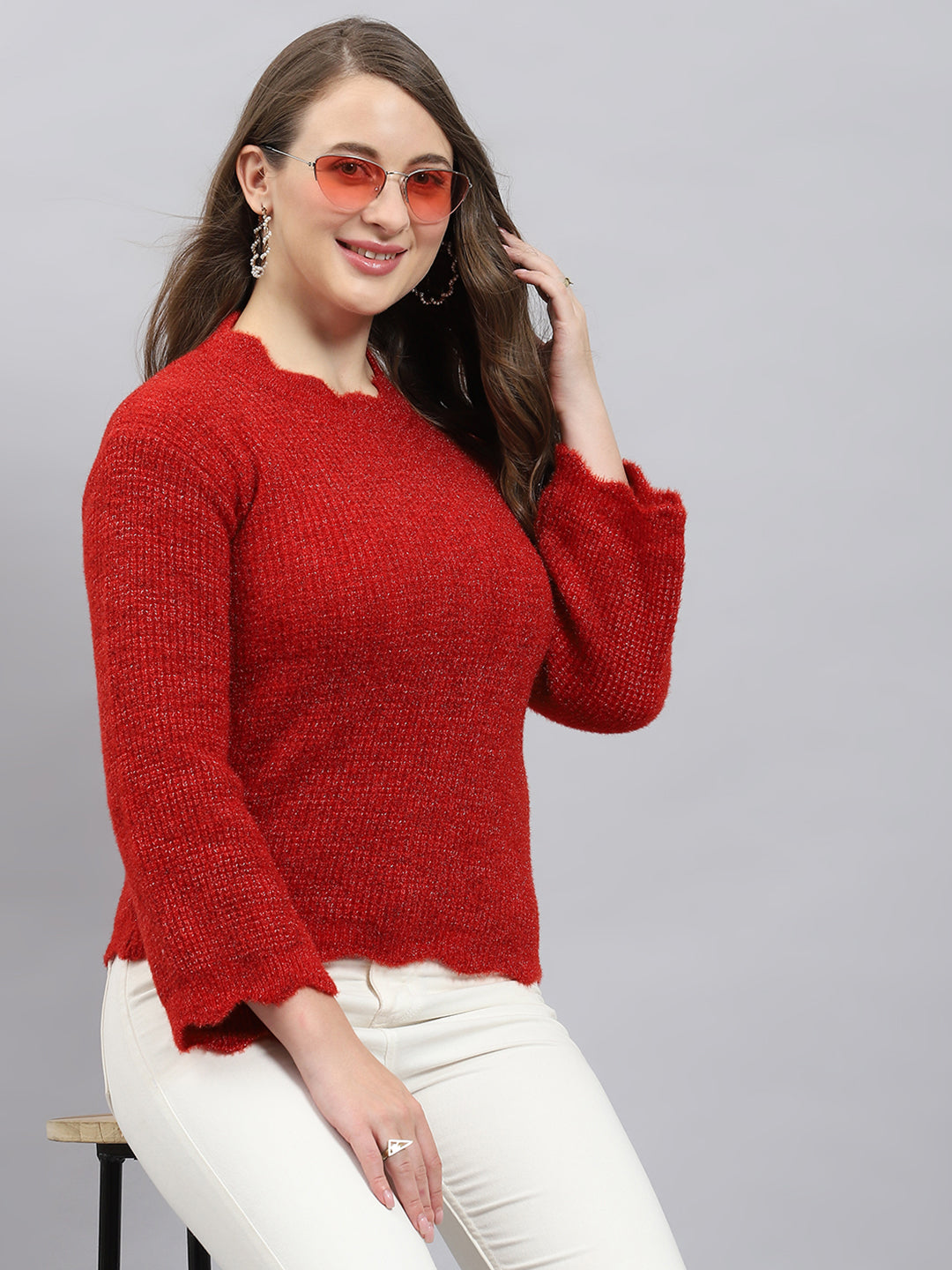 Women Red Self Design Round Neck Full Sleeve Winter Tops