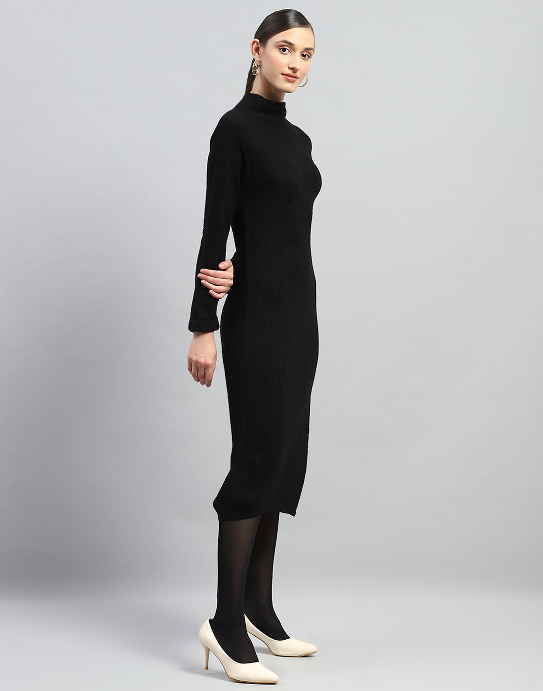 Women Black Self Design Turtle Neck Full Sleeve Dress