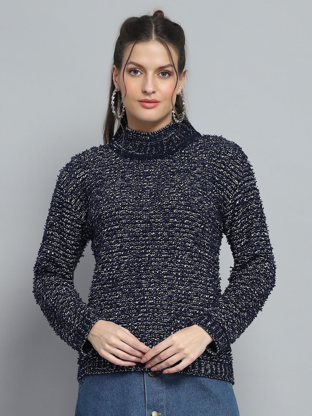 Women Navy Blue Self Design Mock Neck Full Sleeve Winte Top