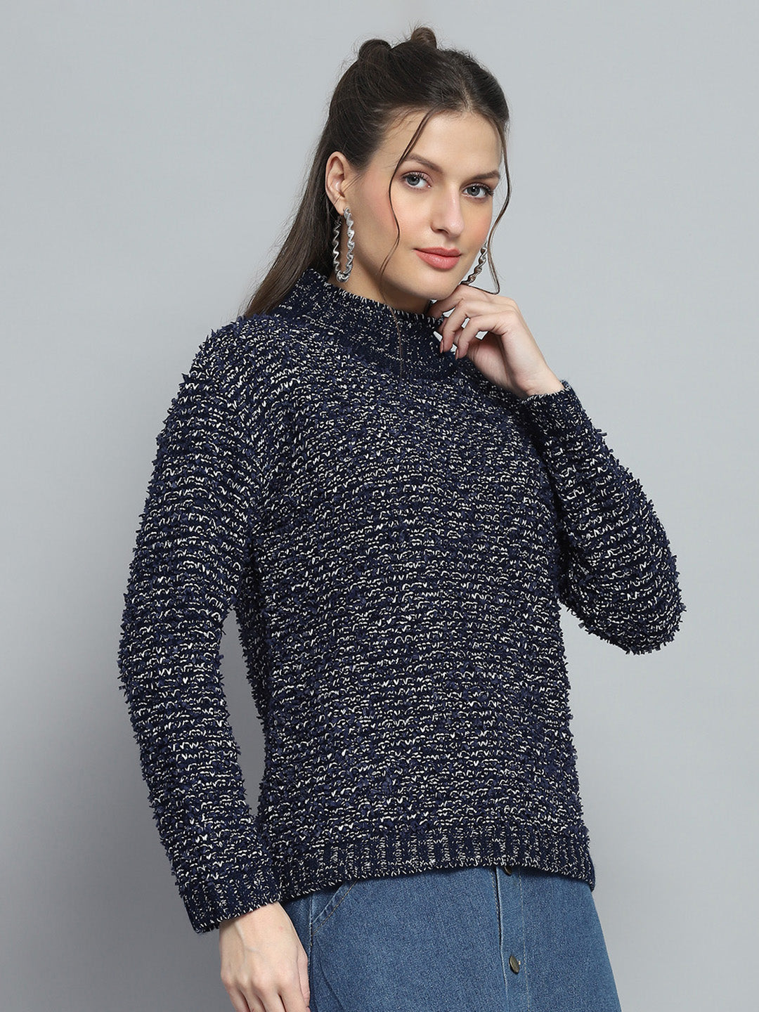 Women Navy Blue Self Design Mock Neck Full Sleeve Winte Top