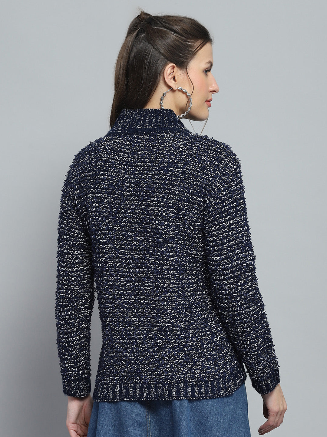 Women Navy Blue Self Design Mock Neck Full Sleeve Winte Top