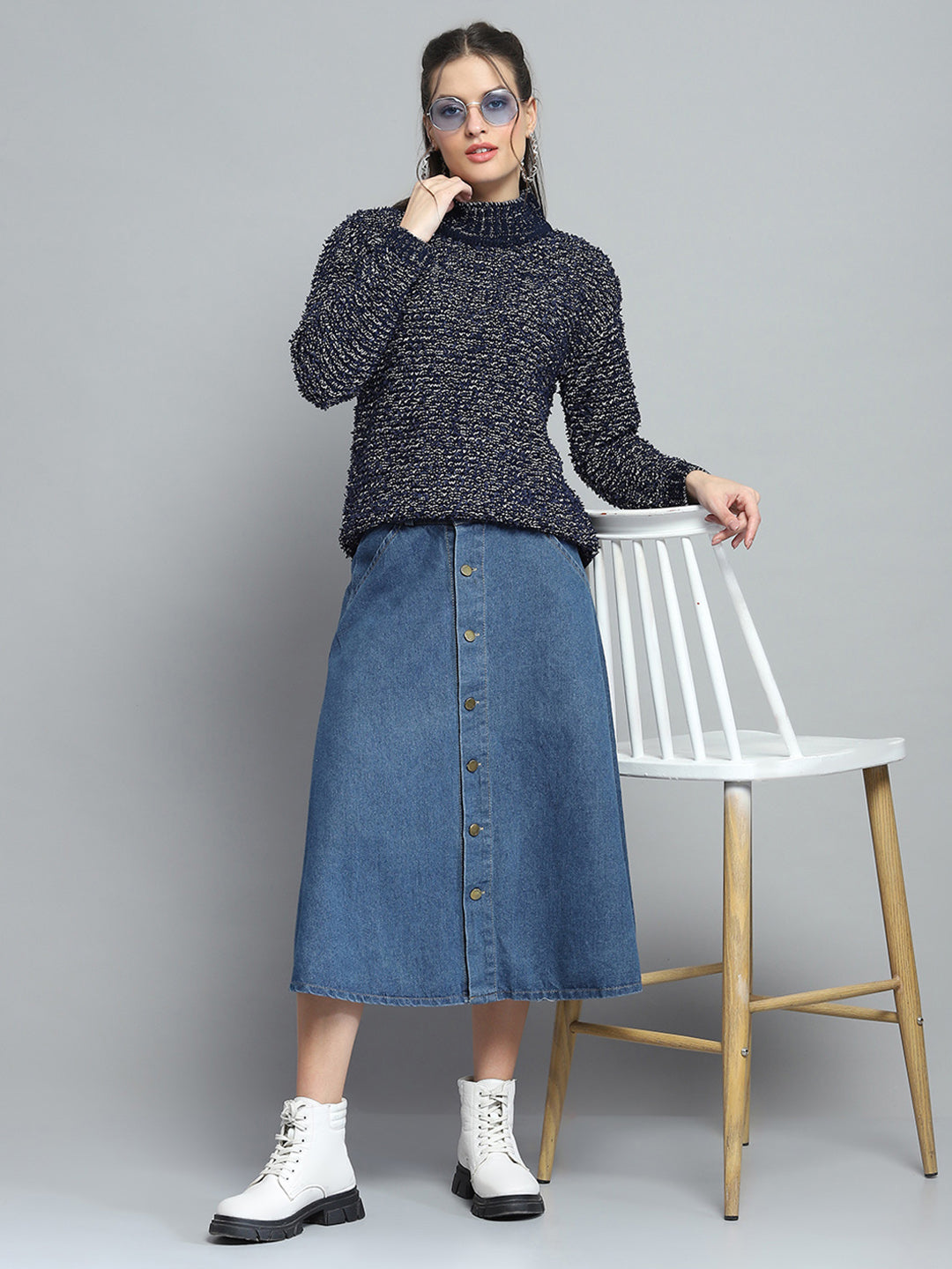 Women Navy Blue Self Design Mock Neck Full Sleeve Winte Top