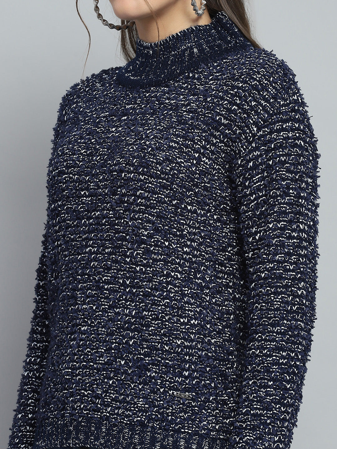 Women Navy Blue Self Design Mock Neck Full Sleeve Winte Top