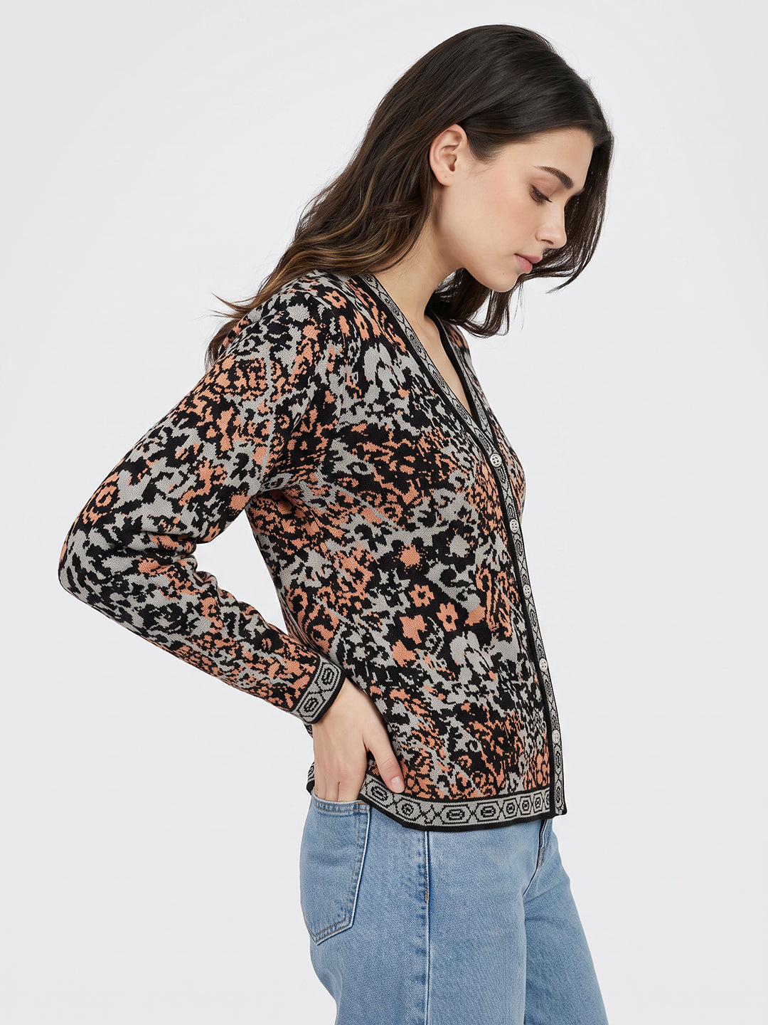 Women Grey Jacquard V Neck Full Sleeve Cardigan