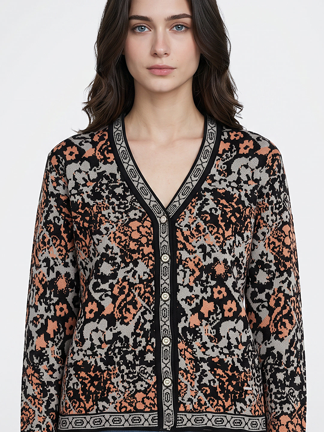 Women Grey Jacquard V Neck Full Sleeve Cardigan