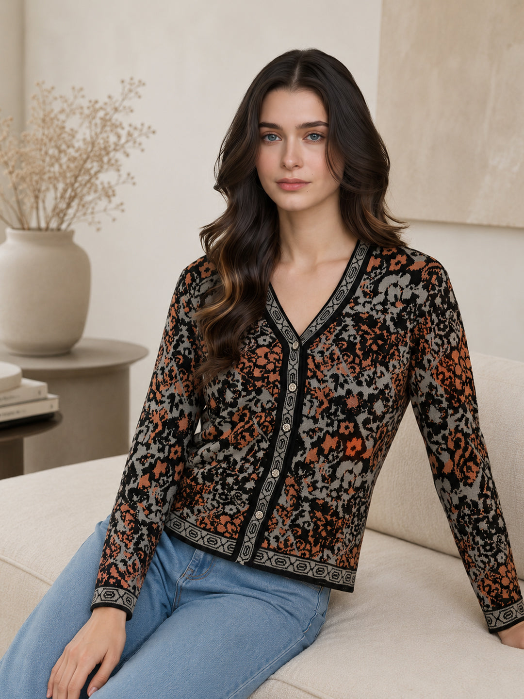 Women Grey Jacquard V Neck Full Sleeve Cardigan