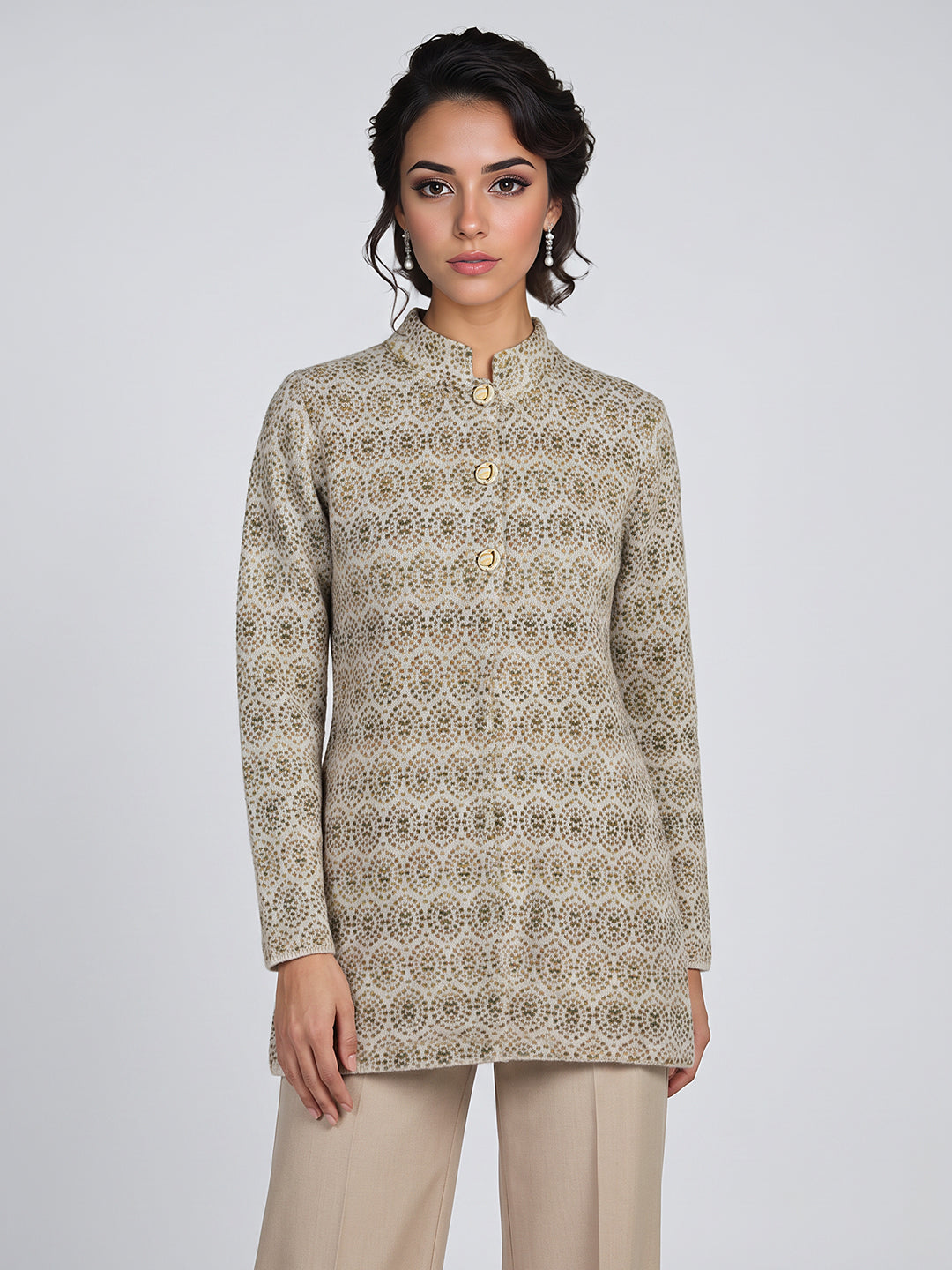 Women Beige Jacquard Turtle Neck Full Sleeve Coat