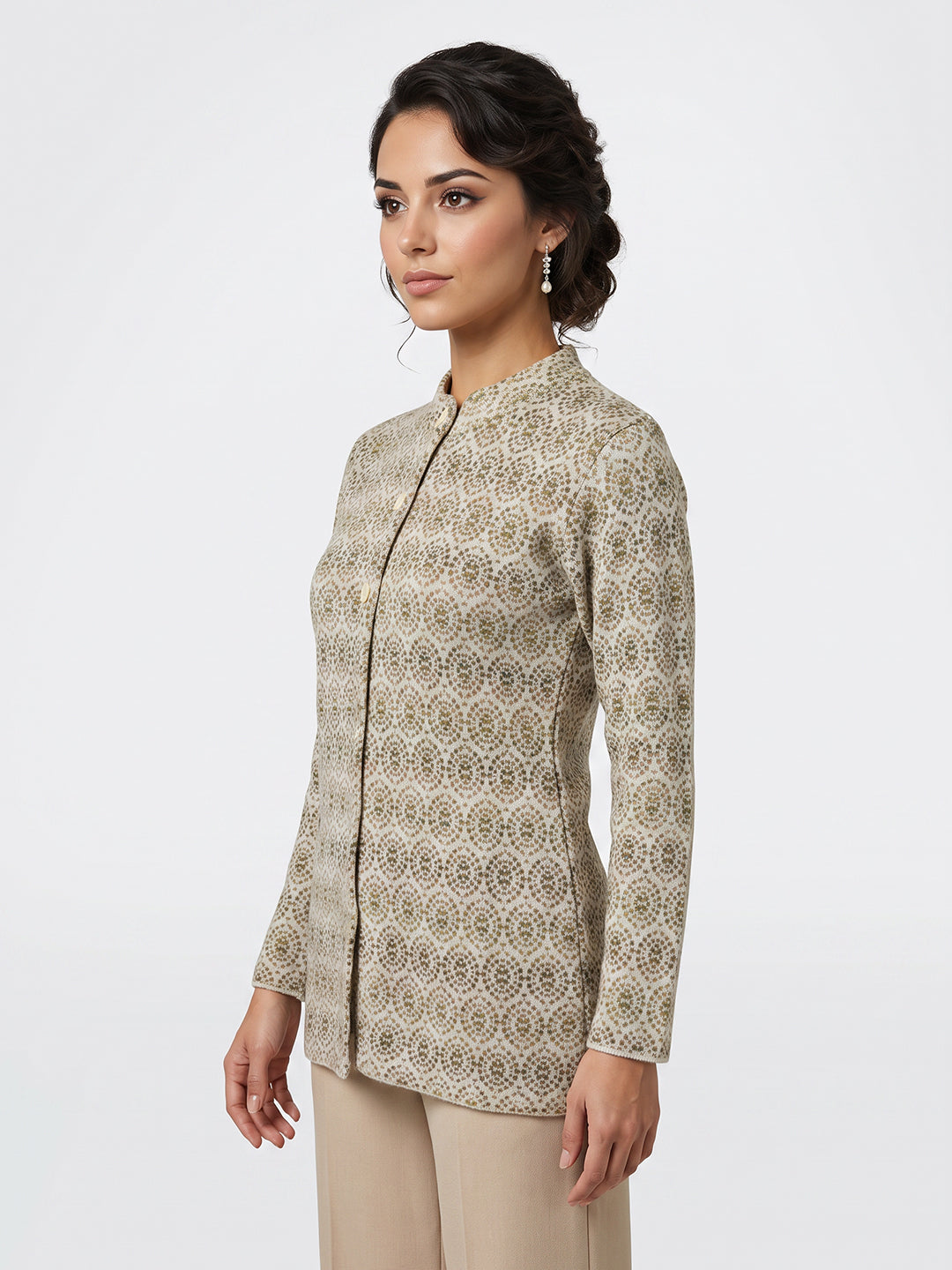 Women Beige Jacquard Turtle Neck Full Sleeve Coat