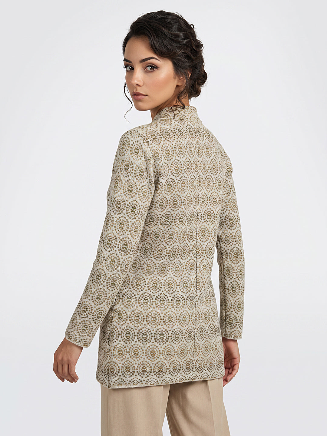 Women Beige Jacquard Turtle Neck Full Sleeve Coat