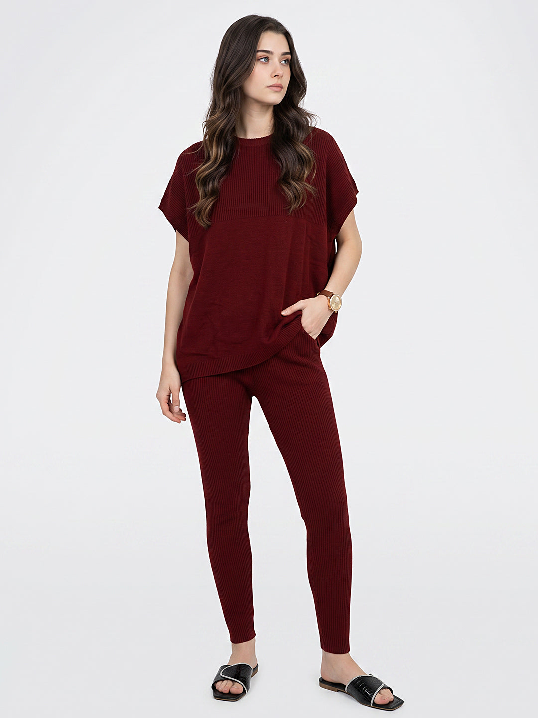 Women Maroon Corduroy Round Neck Full Sleeve Cords Set