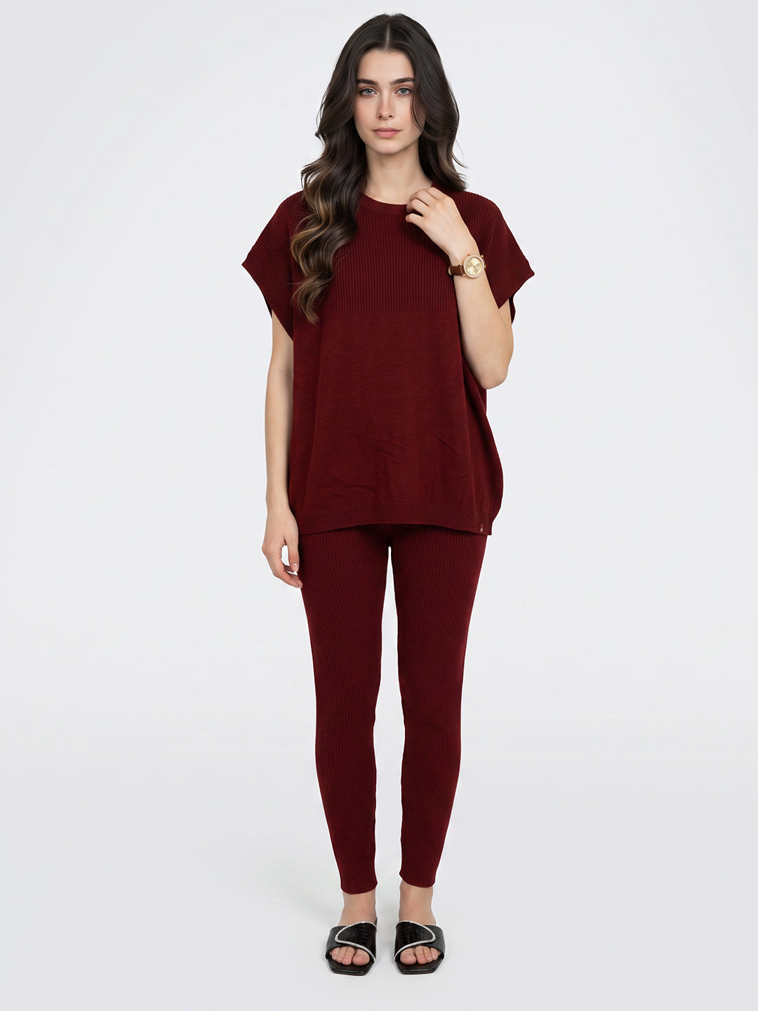 Women Maroon Corduroy Round Neck Full Sleeve Cords Set