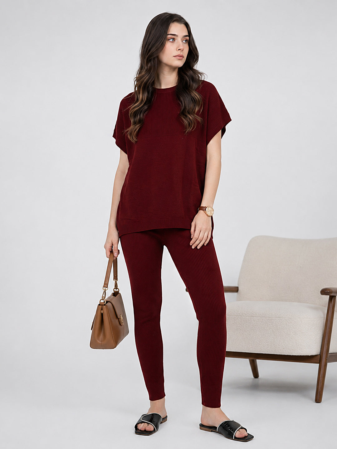 Women Maroon Corduroy Round Neck Full Sleeve Cords Set