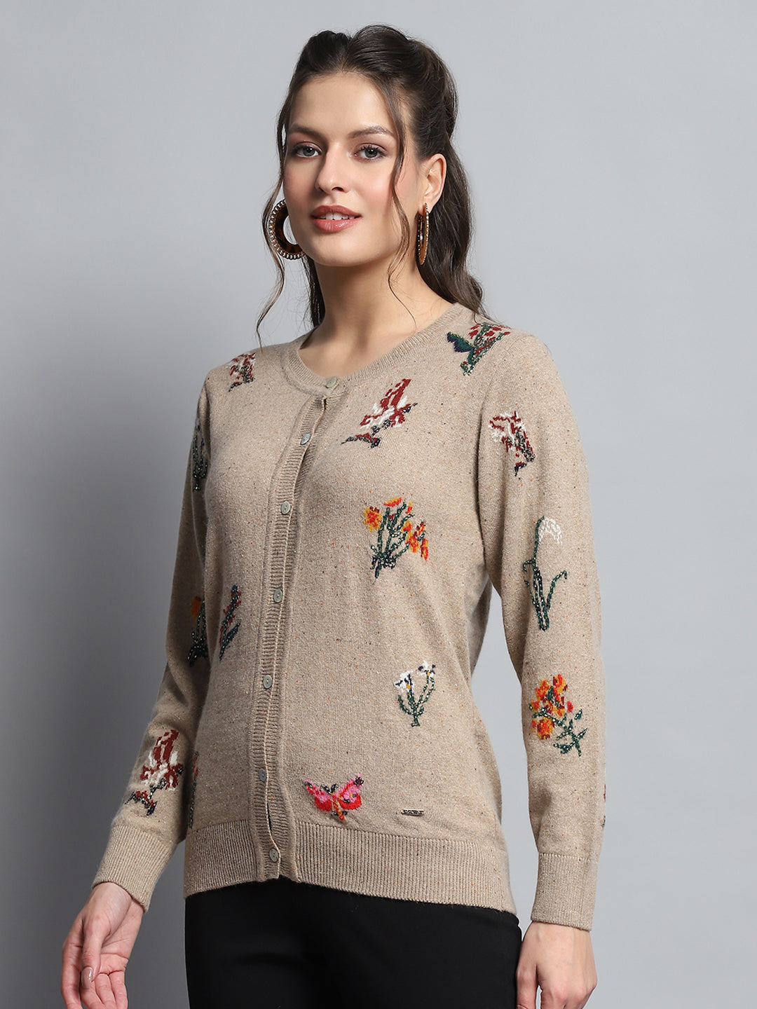 Women Camel Brown Self Design Round Neck Full Sleeve Cardigan