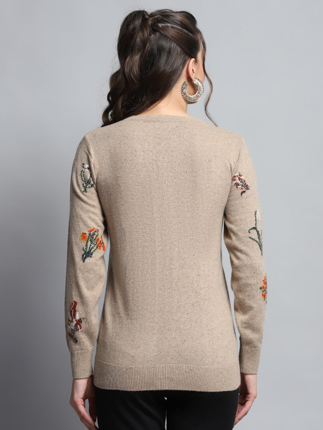 Women Camel Brown Self Design Round Neck Full Sleeve Cardigan