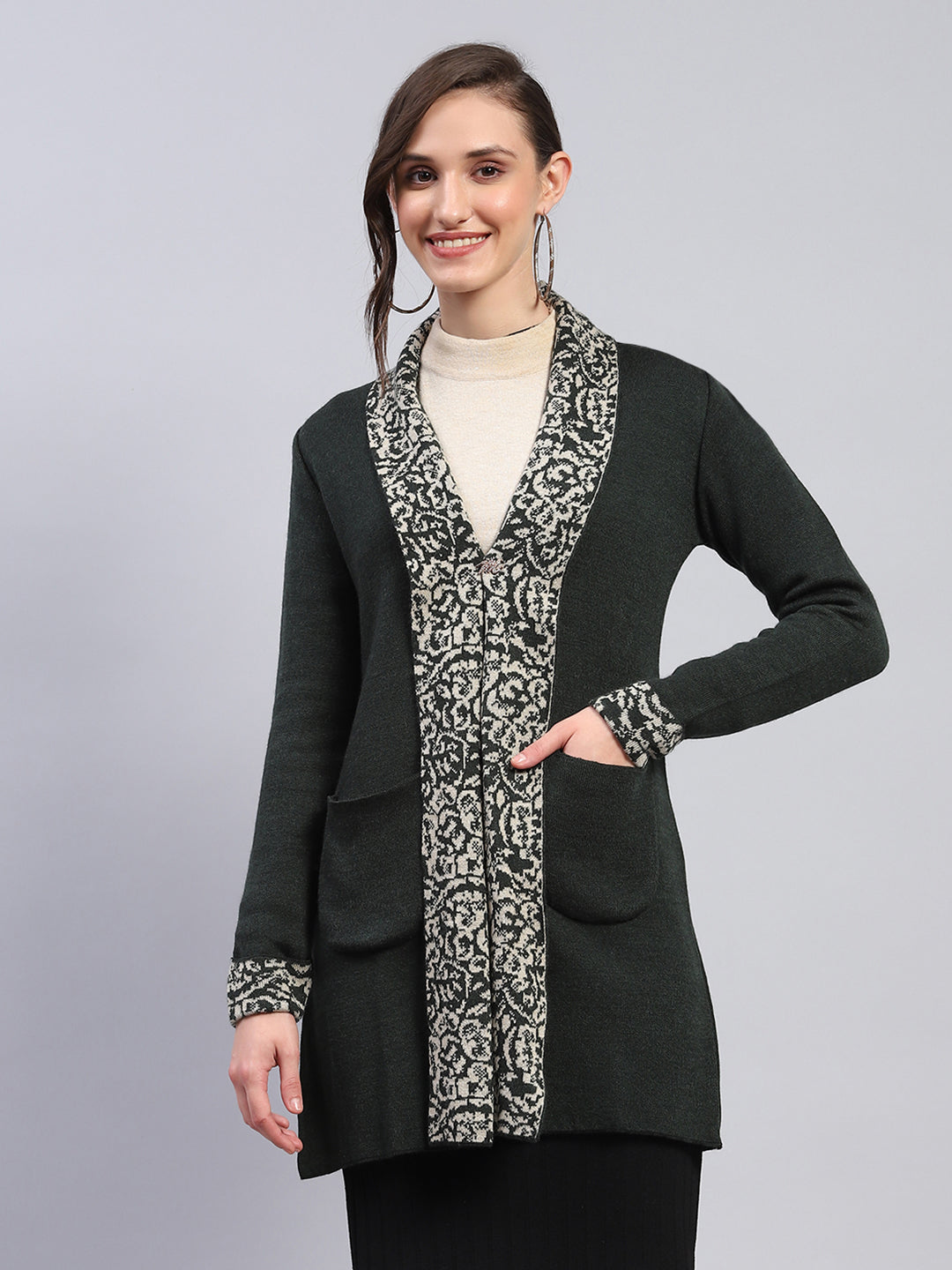 Buy Women Olive Printed Notch Lapel Collar Full Sleeve Cardigan
