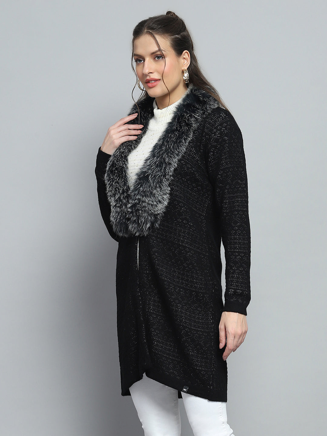 Women Black Self Design Front Open Full Sleeve Cardigan