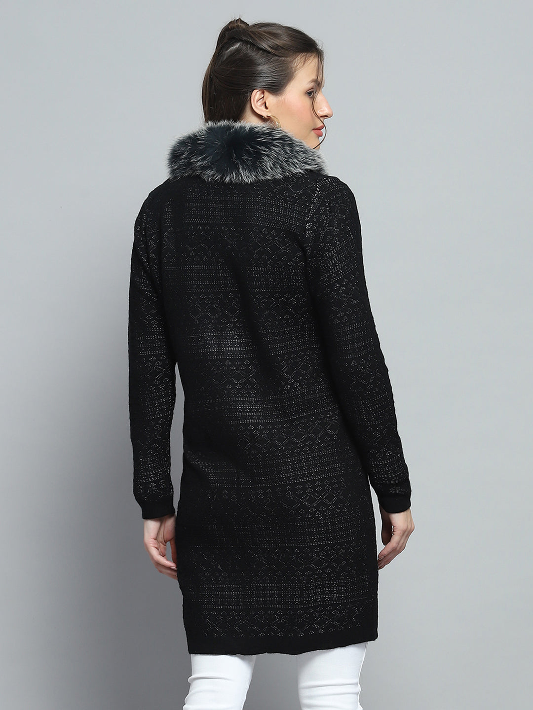 Women Black Self Design Front Open Full Sleeve Cardigan