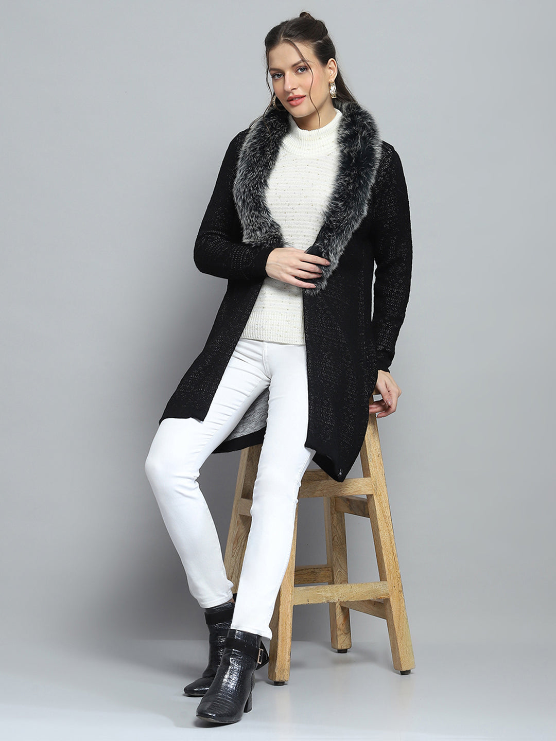 Women Black Self Design Front Open Full Sleeve Cardigan