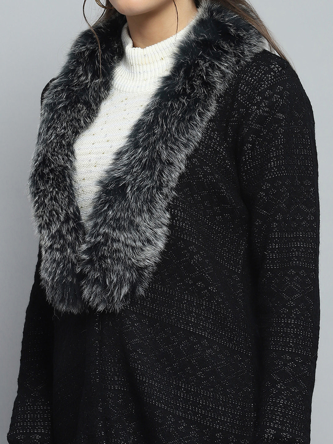 Women Black Self Design Front Open Full Sleeve Cardigan