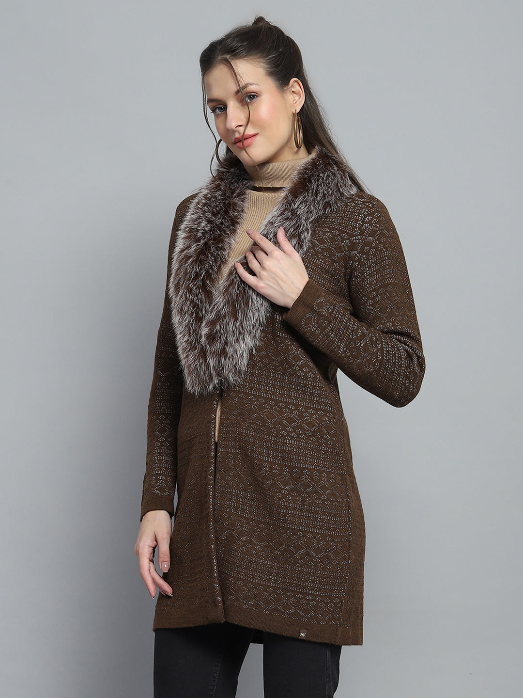 Women Brown Self Design Front Open Full Sleeve Cardigan