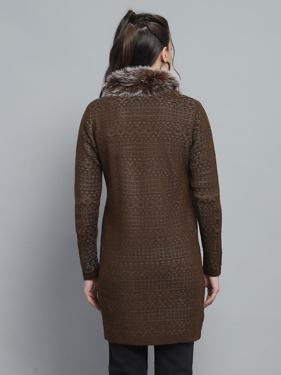 Women Brown Self Design Front Open Full Sleeve Cardigan