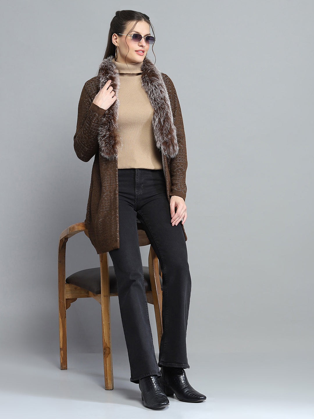 Women Brown Self Design Front Open Full Sleeve Cardigan