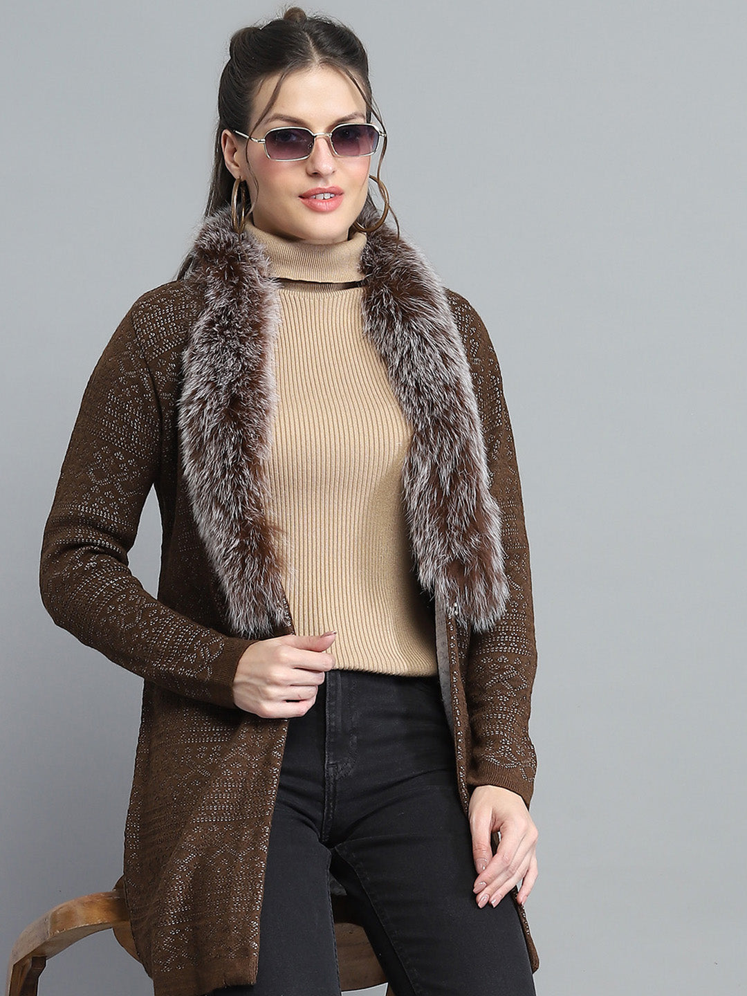 Women Brown Self Design Front Open Full Sleeve Cardigan