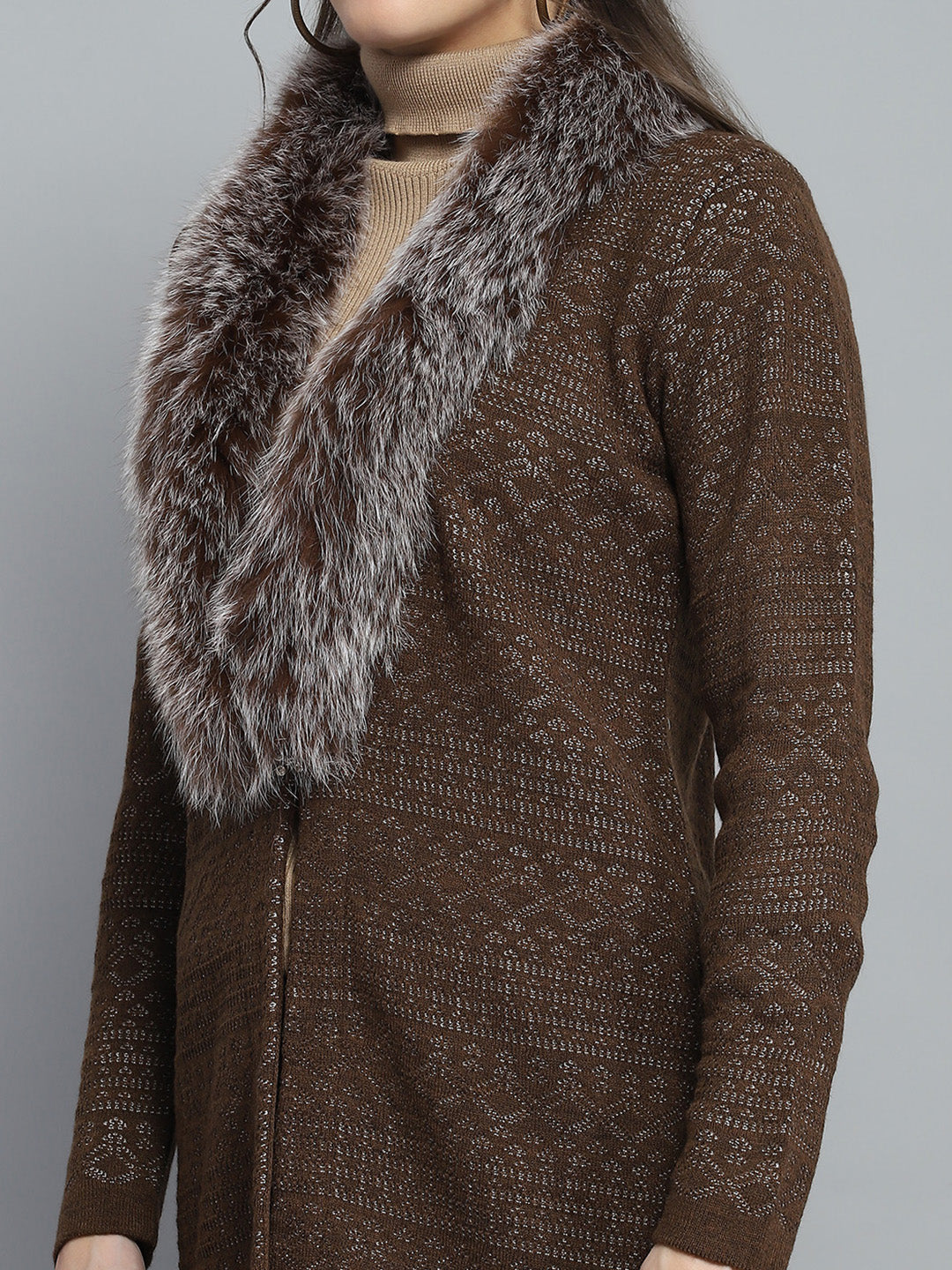 Women Brown Self Design Front Open Full Sleeve Cardigan