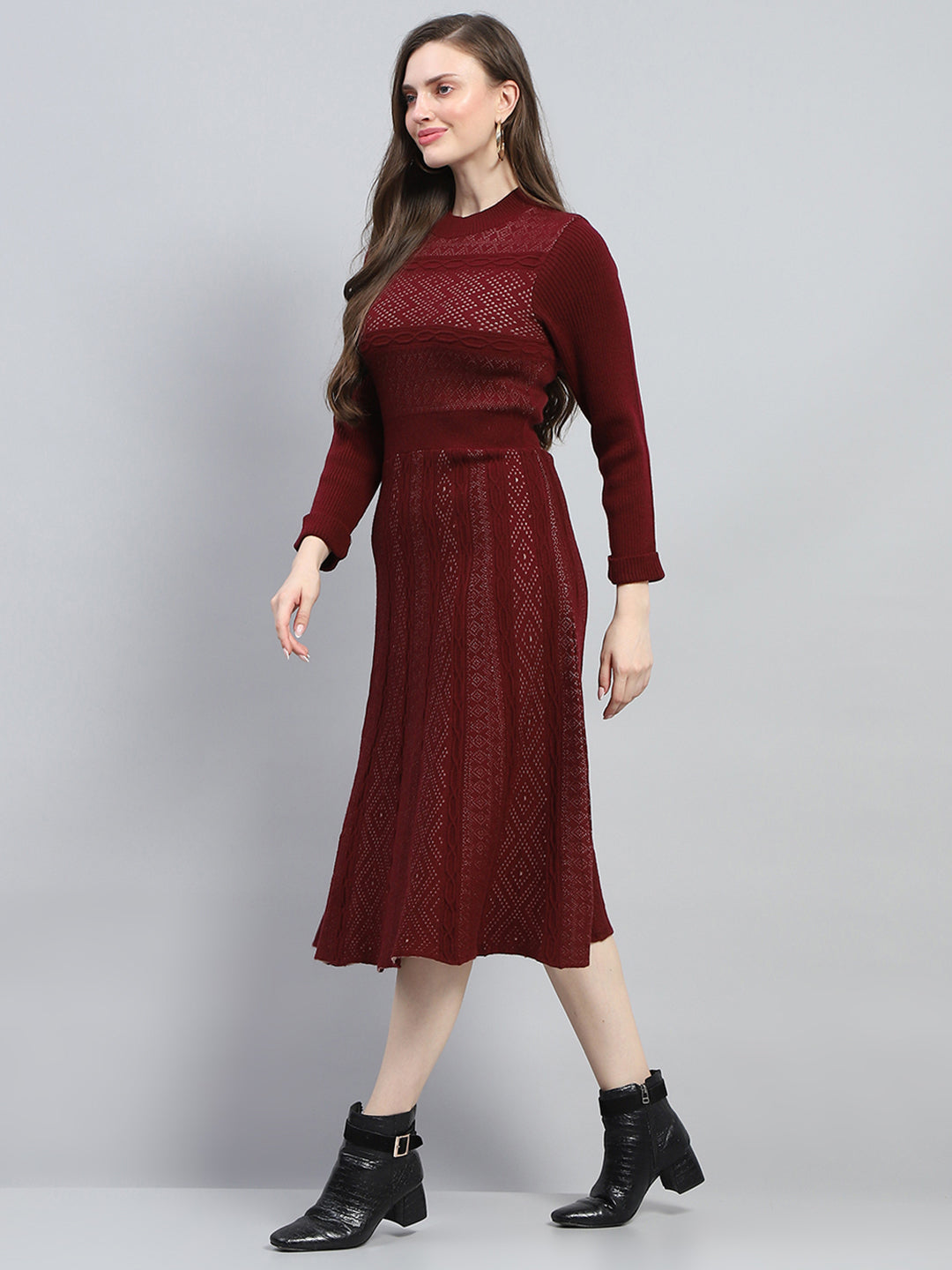 Women Maroon Self Design Round Neck Full Sleeve Dress