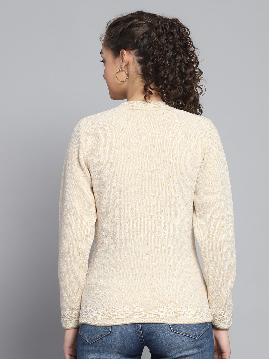 Women Beige Self Design V Neck Full Sleeve Cardigan