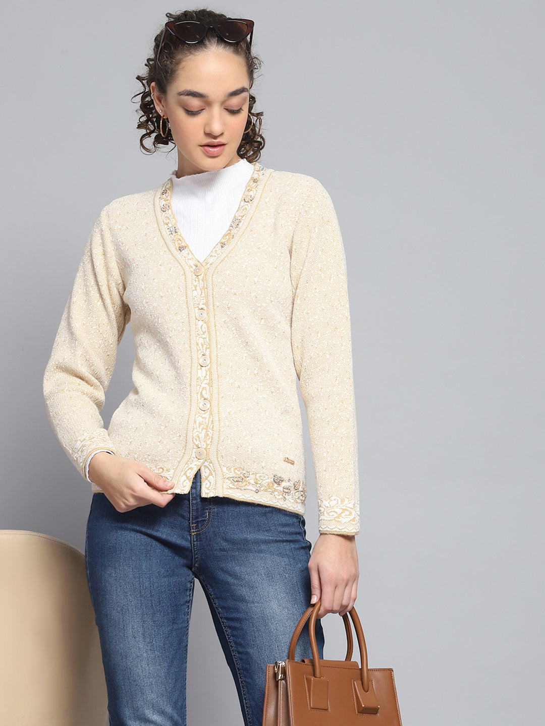 Women Beige Self Design V Neck Full Sleeve Cardigan