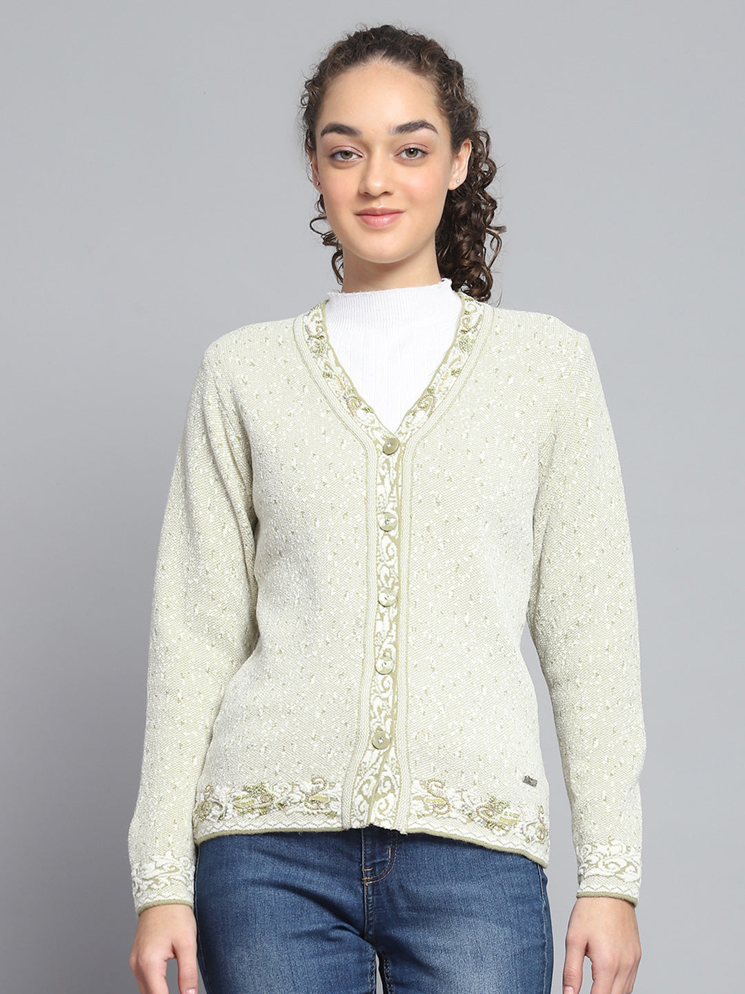 Women Green Self Design V Neck Full Sleeve Cardigan