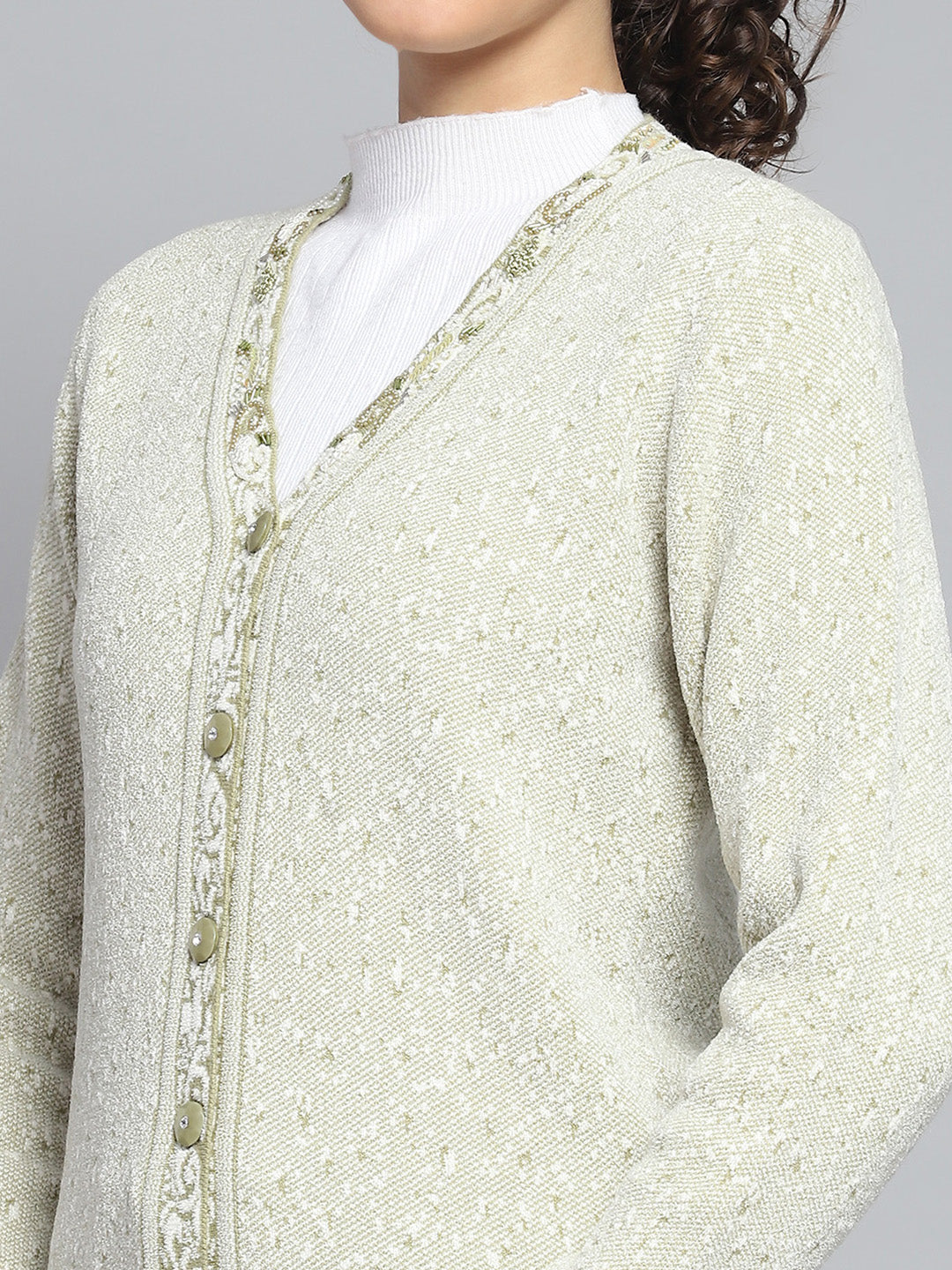 Women Green Self Design V Neck Full Sleeve Cardigan