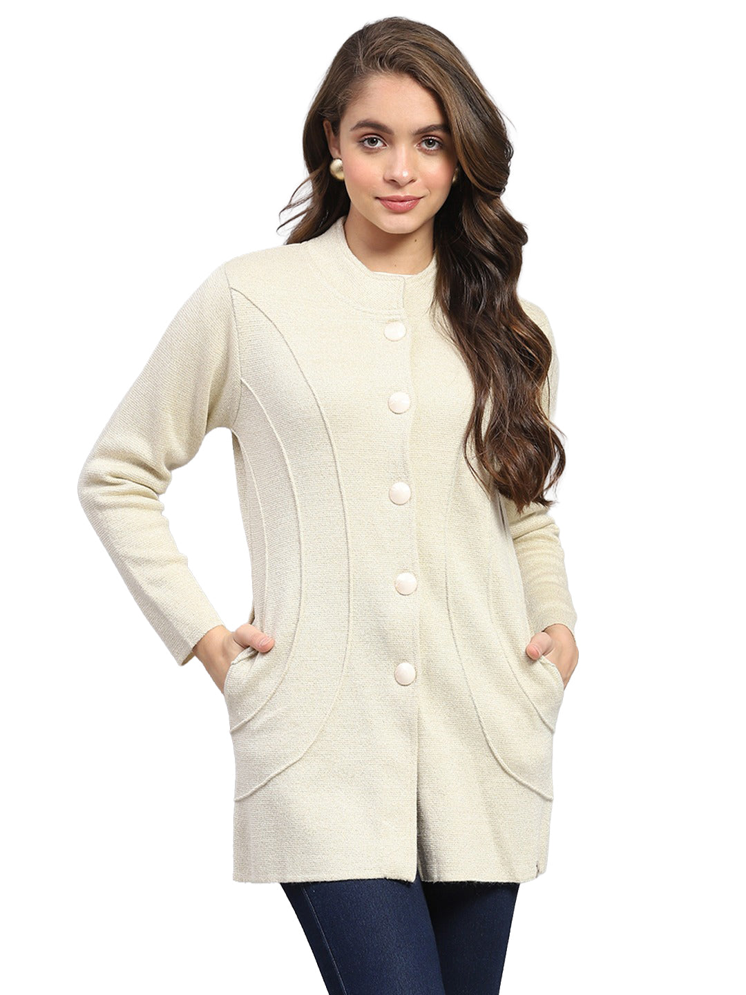 Women Beige Milano Knit Round Neck Full Sleeve Knitted Coat