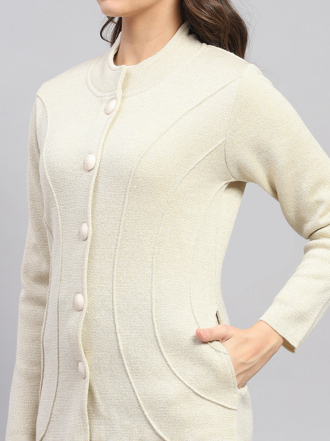 Women Beige Milano Knit Round Neck Full Sleeve Knitted Coat