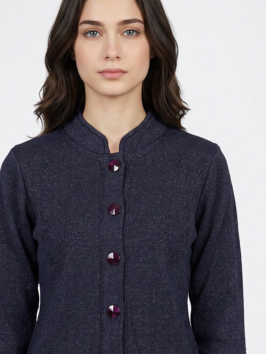 Women Navy Blue Designer Round Neck Full Sleeve Coat