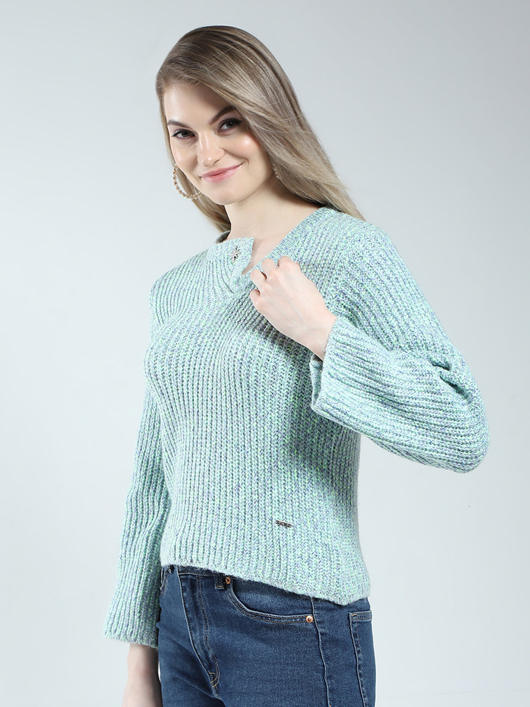 Women Blue Self Design Round Neck Full Sleeve Winter Top