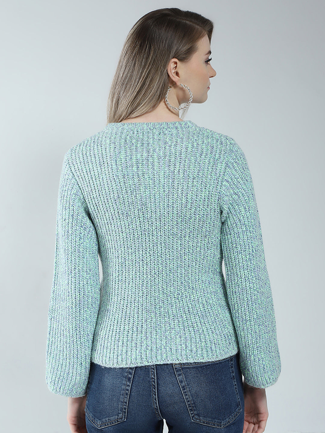 Women Blue Self Design Round Neck Full Sleeve Winter Top