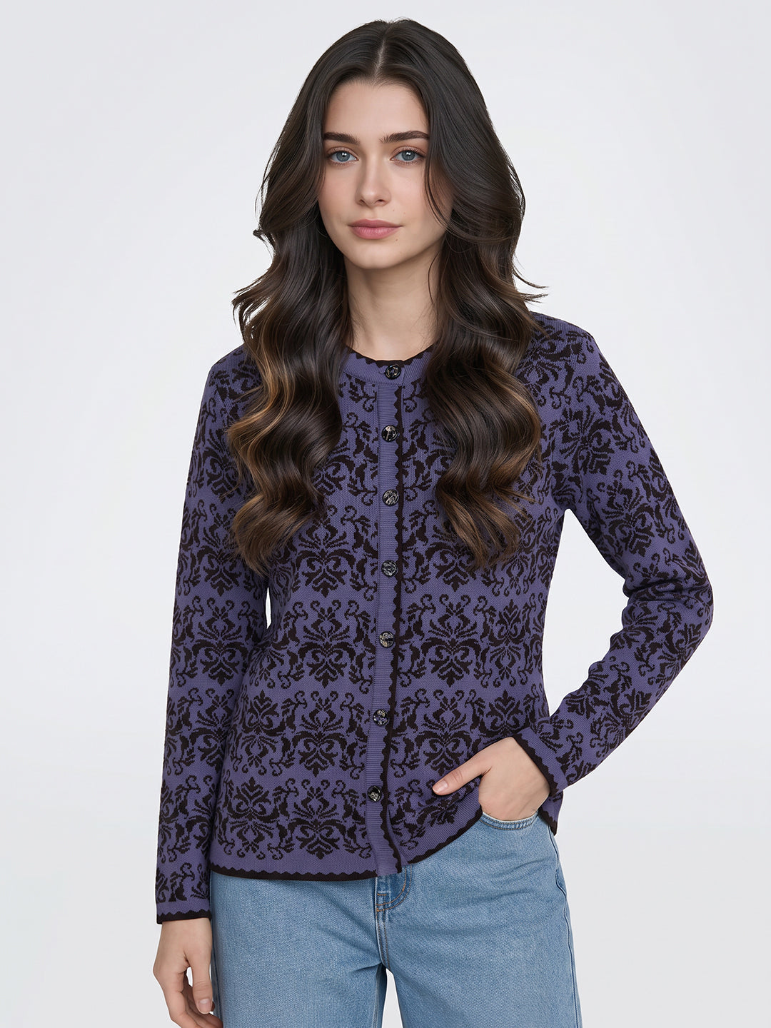 Women Purple Self Design Round Neck Full Sleeve Cardigan