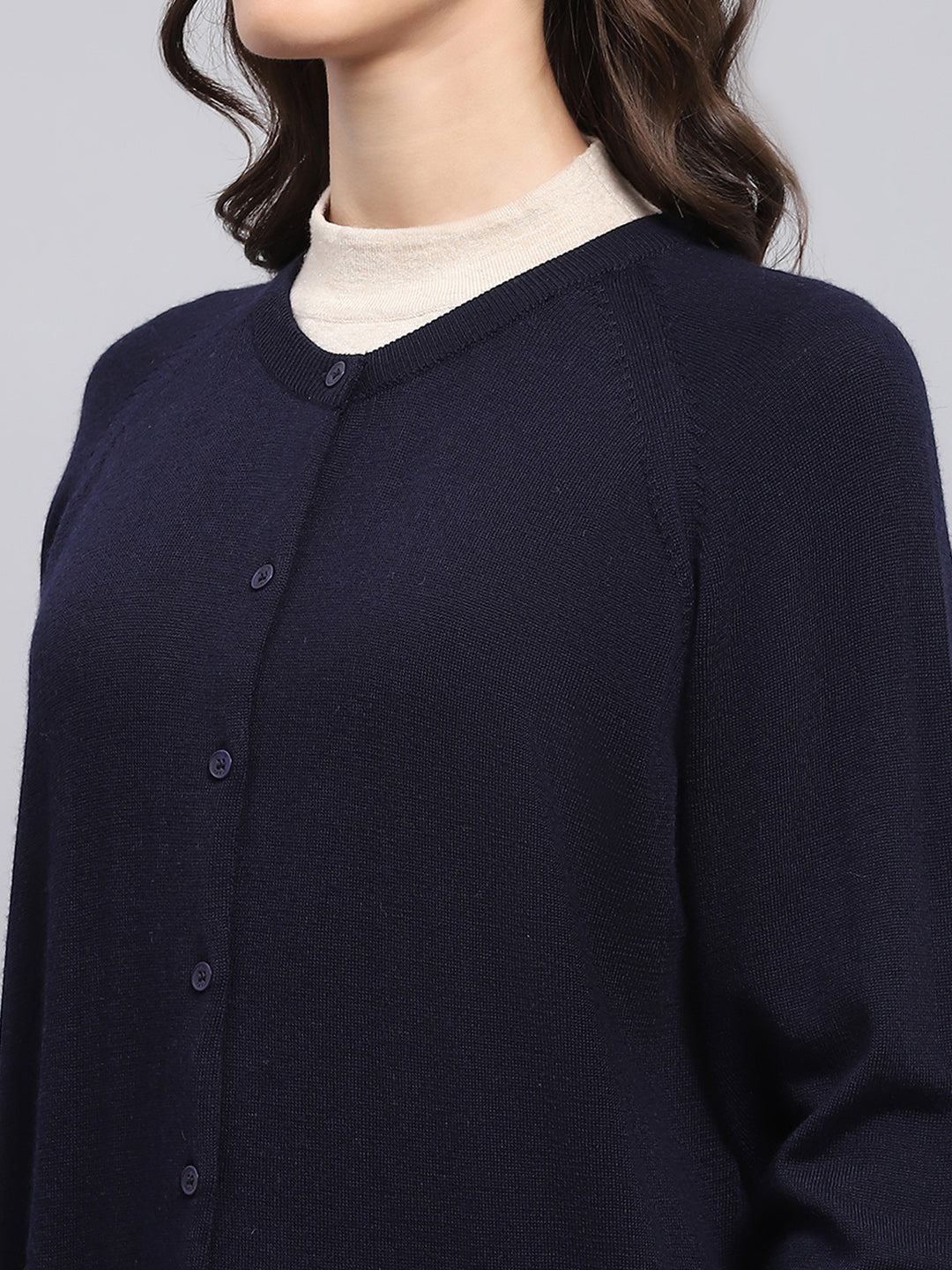 Women Navy Blue Solid Round Neck Full Sleeve Cardigan